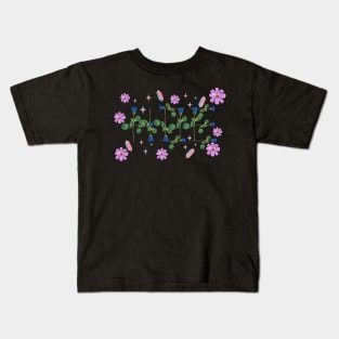 Hoe blue roses on stems with gems and purple flowers black bg Kids T-Shirt